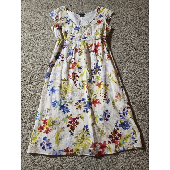 Eddie Bauer Dresses & Skirts - Eddie Bauer Dress‎ Womens Small White Floral 100% Cotton Lined Cap Sleeve Belted